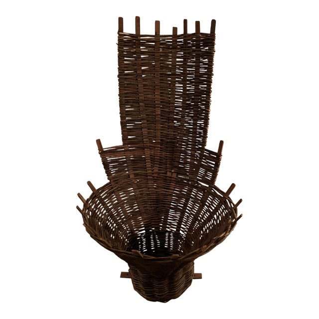 Antique Wicker and Wood Hanging French Harvesting Basket For Sale