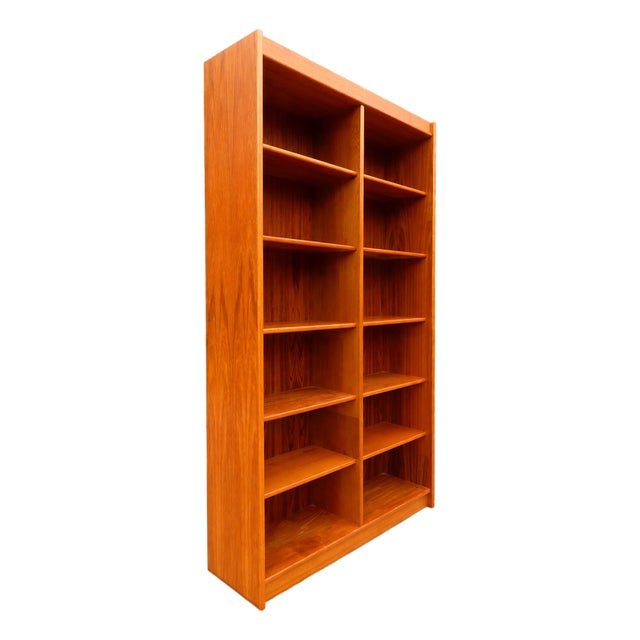 Vintage Danish Modern Teak Double Bookcase Bookshelf Mid Century Hundeved Style Display Shelf For Sale