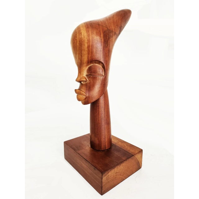 Vintage African Hand Carved Wood Head Bust Sculpture, Artist Signed For Sale In Miami - Image 6 of 11