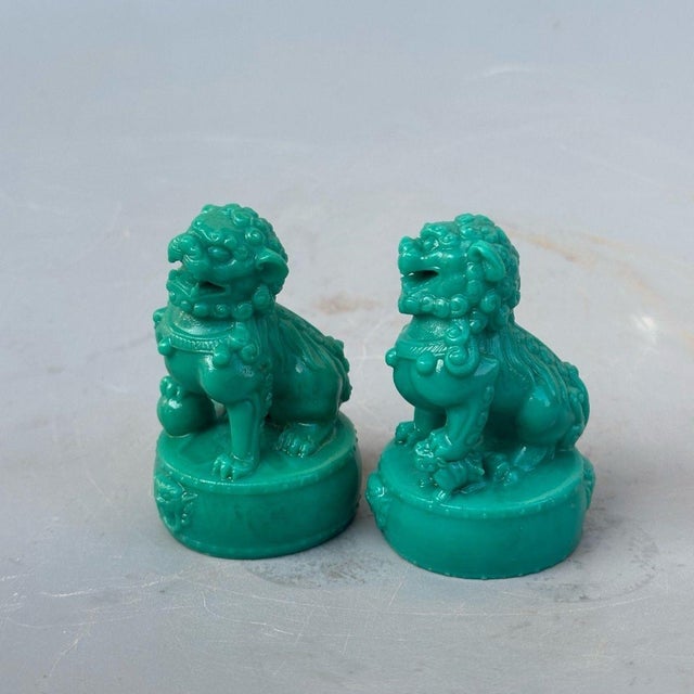 Turquoise Green Foo Dogs - Pair of Mini Guardian Lion Statues For Sale In Los Angeles - Image 6 of 8