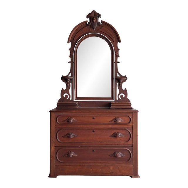 Antique Mid-19th Century Walnut Dresser With Arched Mirror & Hidden Drawer For Sale