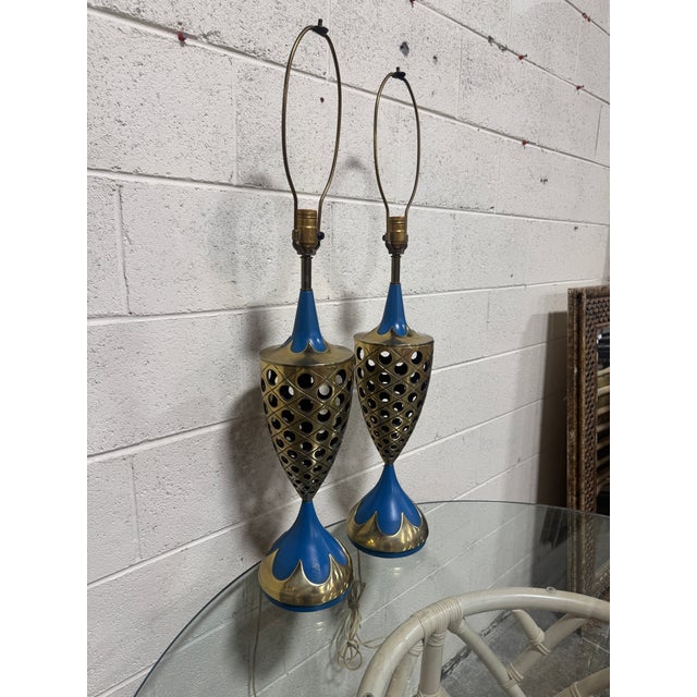 1960s Tony Paul Style Westwood Industries Brass and Blue Enamel Lamps - A Pair For Sale - Image 10 of 12