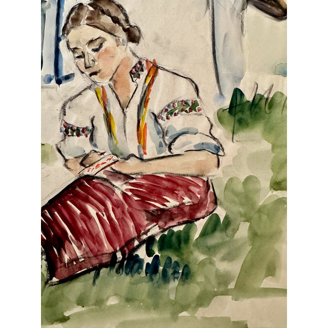Rustic Henry Emil Salloch Original Watercolor on Paper Woman in Traditional Folk Dress, 1936. For Sale - Image 3 of 7