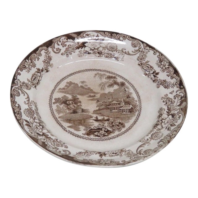 Transferware Ceramic Brown and Beige Asian Style Floral Design Plate For Sale