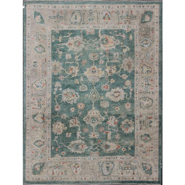 Green Color Turkish Oushak Rugby Keivan Woven Arts 10'7'' X 13'8'' For Sale
