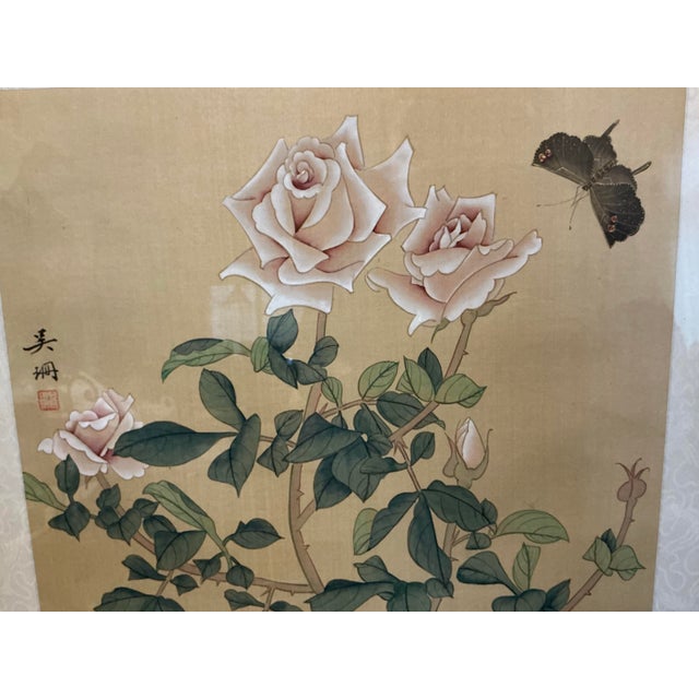 Mid 20th Century Beautiful Framed East Asian Botanical and Butterfly Painting For Sale - Image 5 of 12