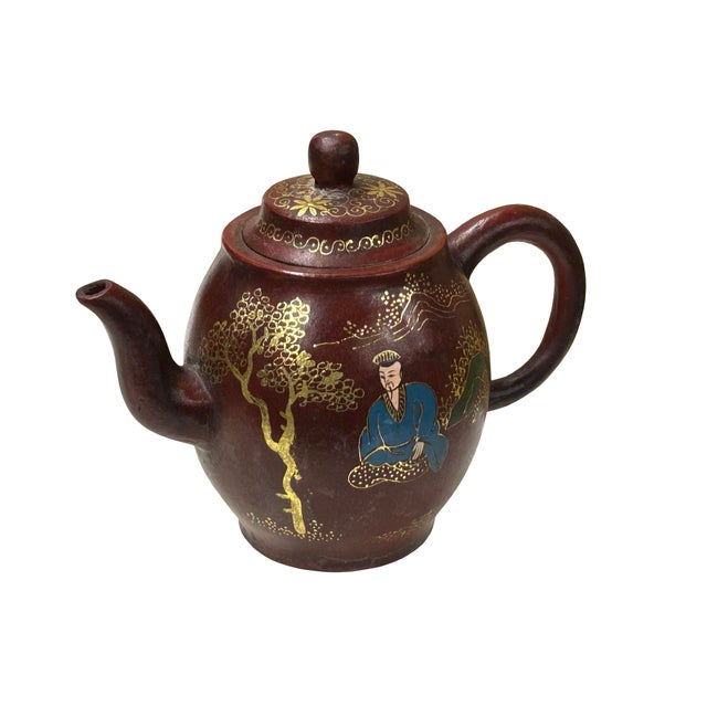 Vintage Chinese Reddish Brown Graphic Zisha Clay Teapot Art Display For Sale In San Francisco - Image 6 of 8