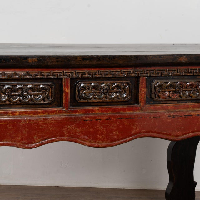 19th Century Chinese Red Altar Console Table With Carved Drawers For Sale - Image 9 of 18