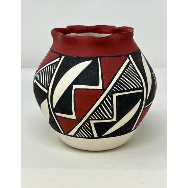 Native American Vintage Acoma Pueblo Polychrome Pottery Jar by M. Chino – Hand Painted Geometric Olla Vase For Sale - Image 3 of 6