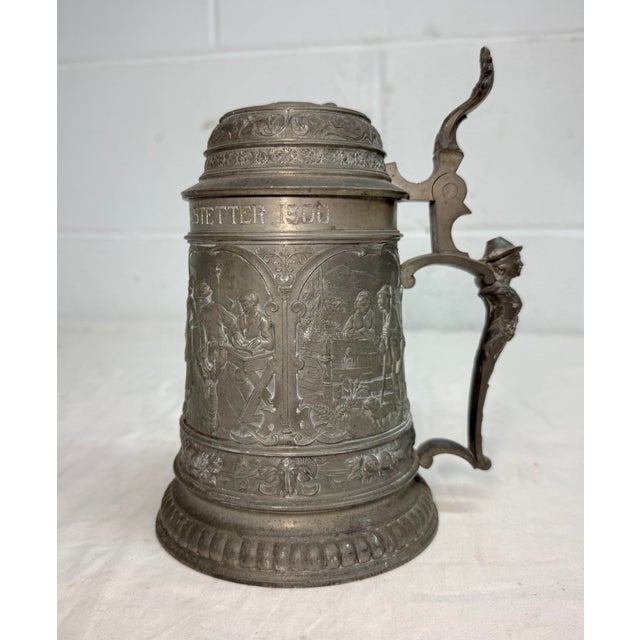 Antique Ornate 1900 Figural German Pewter Lidded Engraved Relief Beer Stein Mug For Sale In New York - Image 6 of 15