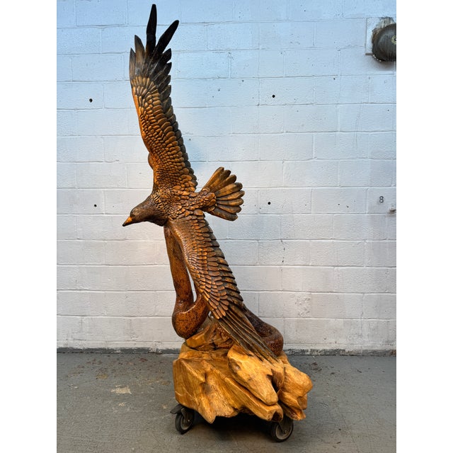 Modern Hand-Carved Eagle & Serpent Wood Sculpture For Sale - Image 3 of 17
