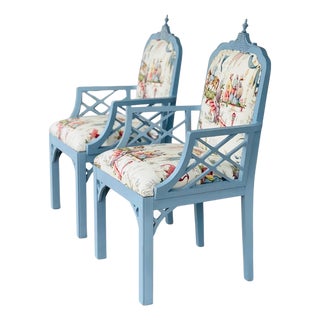 1980s Pair Newly Upholstered Blue Chinese Chippendale Chairs in Schumacher Tientsin Toile For Sale