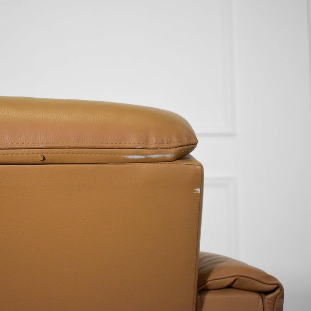 Textile Post Modern Slab Sided Tan Leather Club Chairs - a Pair For Sale - Image 7 of 8