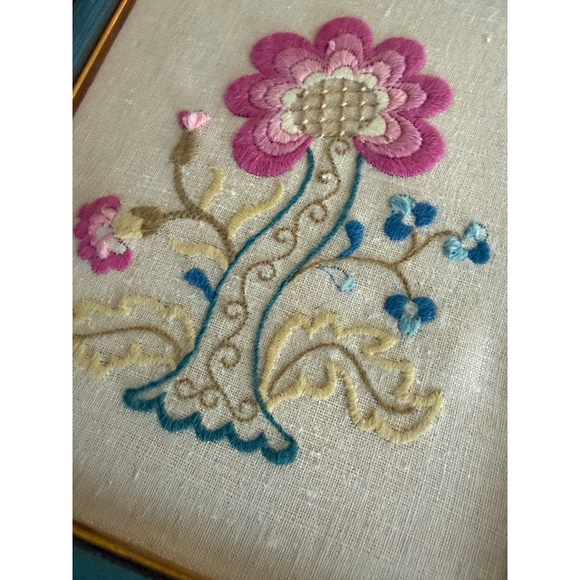 Vintage Framed Crewel Floral Embroidery Blue - A Pair For Sale In Chicago - Image 6 of 9