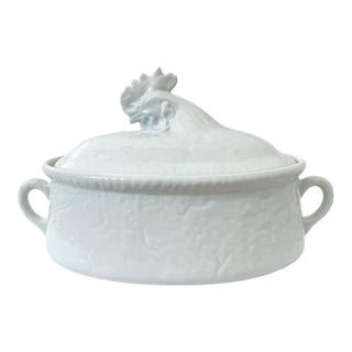 Apilco White Porcelain Covered Roaster / Casserole France Rooster Lid Oval Baker For Sale