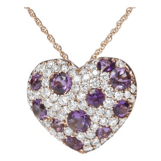18K Rose Gold 3/4 Cttw Diamond and Purple Amethyst Cluster Heart Shape 18" Pendant Necklace (G-H Color, SI1-SI2 Clarity) For Sale