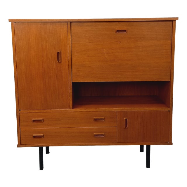 Vintage Scandinavian Modernist Style Teak and Black Metal Bookcase with Secretary, 1950s-1960s For Sale