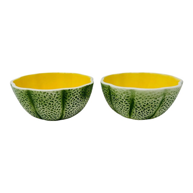 Mid 20th Century "Noir" Cantaloupe Fruit Bowls| Unmarked Knobler Style | Realistic Japanese Majolica - Set of 2 For Sale