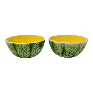 Mid 20th Century "Noir" Cantaloupe Fruit Bowls| Unmarked Knobler Style | Realistic Japanese Majolica - Set of 2