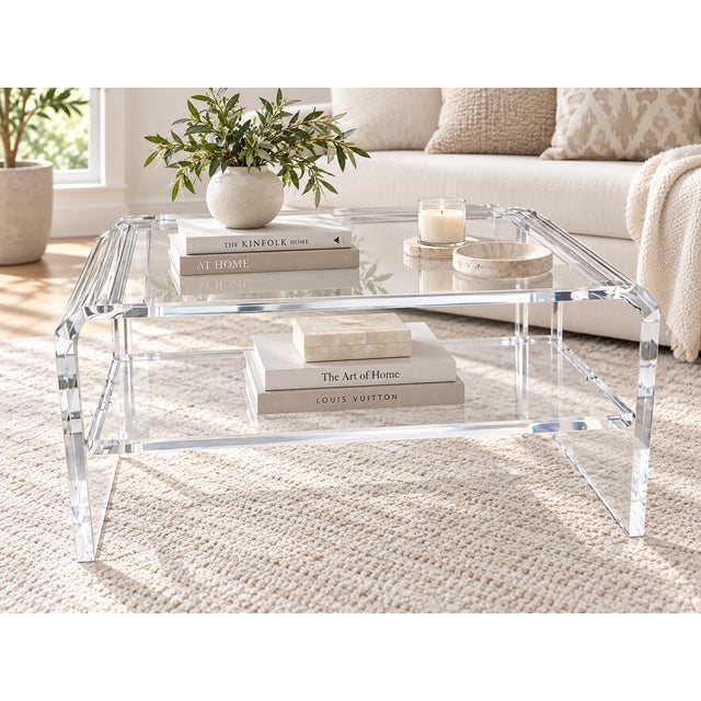 Striking clear lucite coffee table featuring a sculptural waterfall-style silhouette with softly curved corners and a...