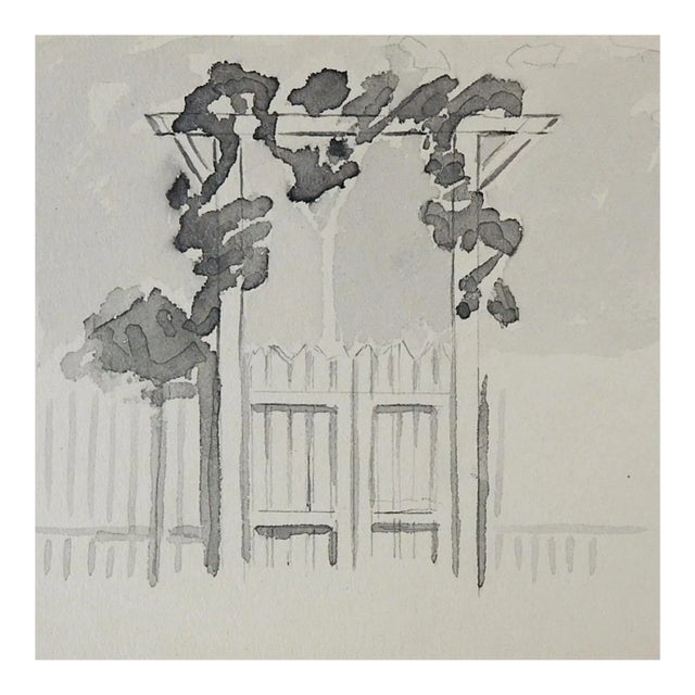 Vintage Garden Gate Watercolor Painting Grisaille Study For Sale