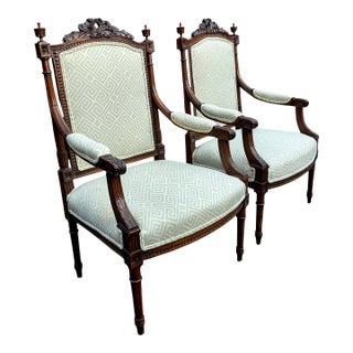 Pair of Antique French Hand-Carved Louis XVI Style Armchairs For Sale