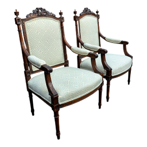 Pair of Antique French Hand-Carved Louis XVI Style Armchairs