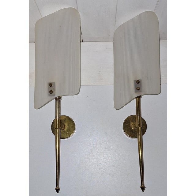 Mid-Century Italian Wall Lamps with Brass Frame and White Plastic Shades, 1960s, Set of 2, in Very Good conditions....