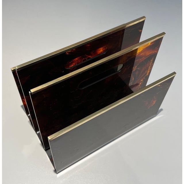 1970s Magazine Rack in Plexiglass and Brass in Faux Tortoiseshell For Sale - Image 9 of 12