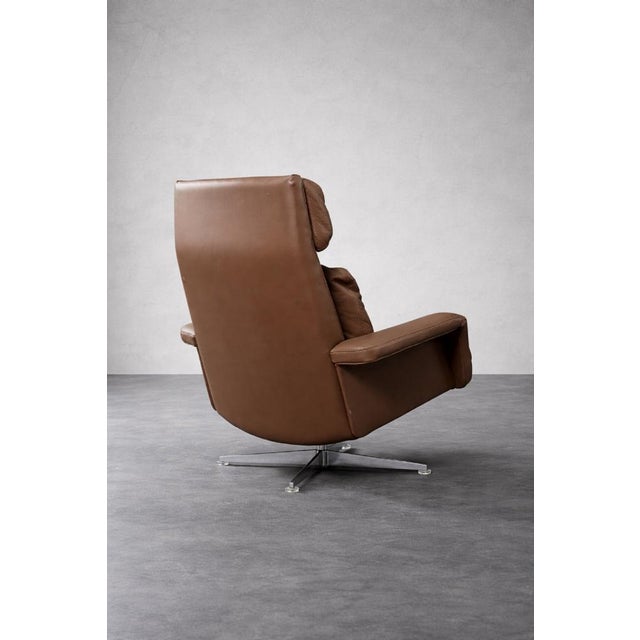 Set of Mid-Century Modern Danish Brown Leather Swivel Chair & Ottoman, 1970s For Sale - Image 10 of 18