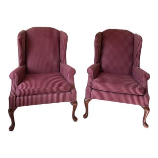 Mid 20th Century Striped Wingback Chairs - A Pair For Sale