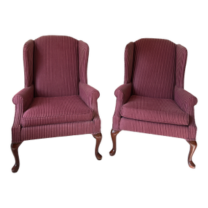 Mid 20th Century Striped Wingback Chairs - A Pair