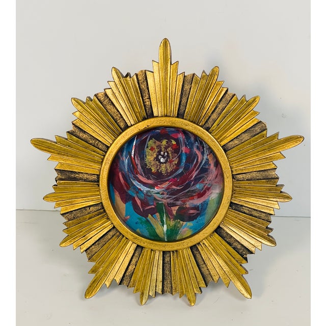 Lovely small abstract original acrylic on brown paper painting in a gold tone sunburst frame.
