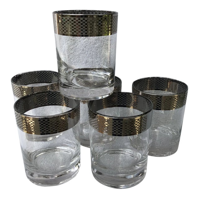 Platinum Band Rim Checkerboard Geometric Pattern Lowball Glasses-Set of 6 For Sale