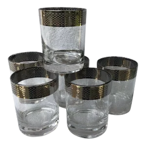 Platinum Band Rim Checkerboard Geometric Pattern Lowball Glasses-Set of 6