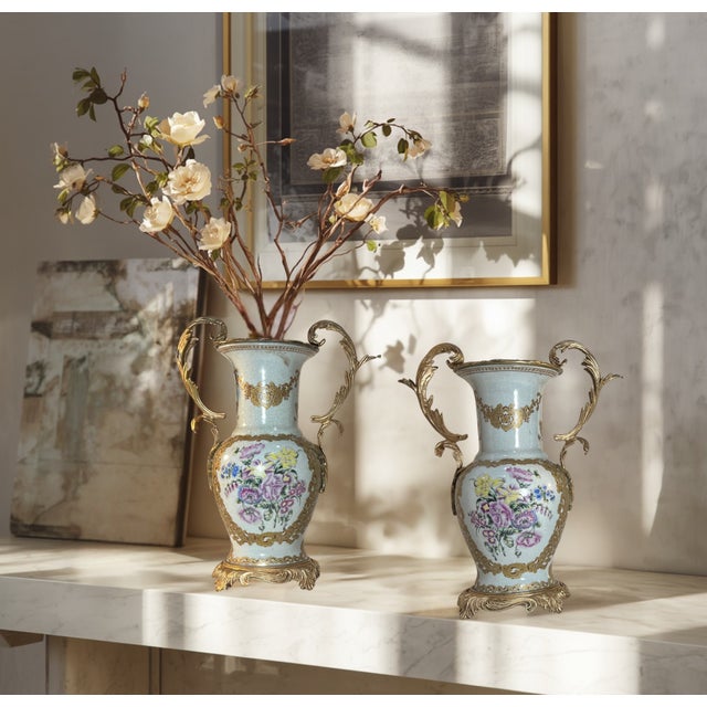 Vintage Ormolu Rococo Ceramic Urns With Floral Motif- A Pair For Sale - Image 13 of 15