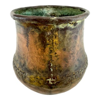 Antique Italian Hammered Copper Pot Verdigris Patina Vessel For Sale
