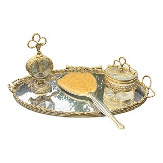 Vintage Brass Gold Vanity Make Up Set With Tray Perfume Mirror Powder For Sale