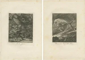 Ridinger, Lioness Hunting and Resting, Prints, Set of 2
