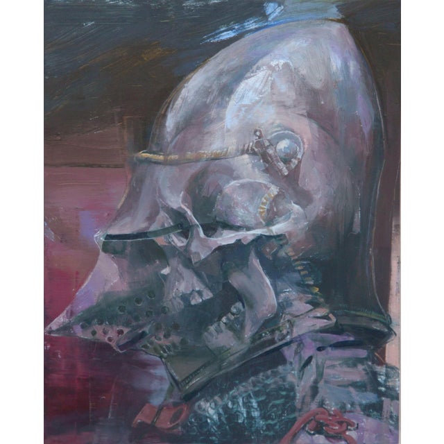 Invisible Screamer by Elena Burykina | Oil on panel Painting of a helmeted figure. For Sale