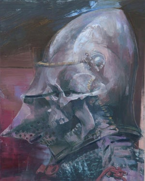 Invisible Screamer by Elena Burykina | Oil on panel Painting of a helmeted figure.