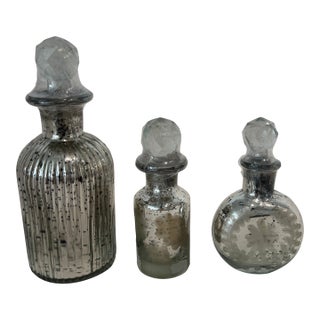 Set of Three Contemporary Mercury Glass Apothecary Bottles With Faceted Stoppers For Sale