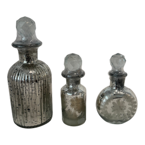 Set of Three Contemporary Mercury Glass Apothecary Bottles With Faceted Stoppers
