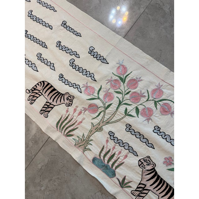 Mid-Century Modern Silk Suzani Table Runner With Three Tigers and Clouds For Sale - Image 3 of 5