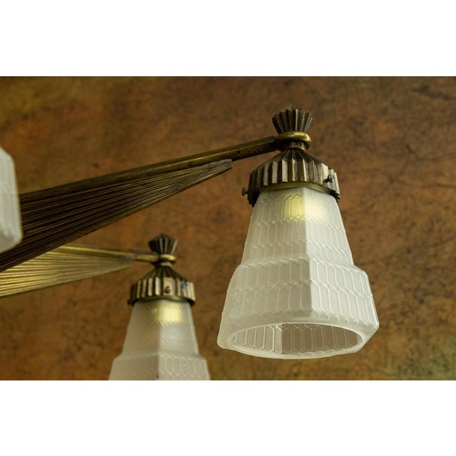 Art Deco French Bronze and Frosted White Glass Six-Light Chandelier, 1920 For Sale - Image 10 of 18