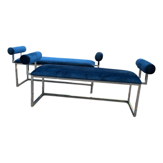 Pair of Hollywood Regency Cobalt Blue Velvet & Chrome Benches For Sale