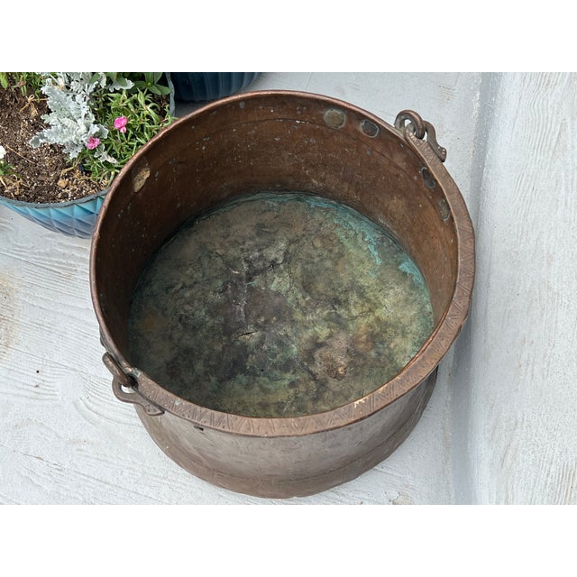 Huge Antique Copper Cauldron: Hand Forged Firewood Bucket 19" With Hand Etched Riveted Handle Green Patina Damage For Sale - Image 12 of 14