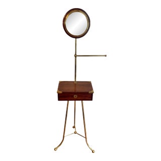 Vintage Campaign Style Adjustable Mahogany and Brass Shaving Mirror With Drawer For Sale