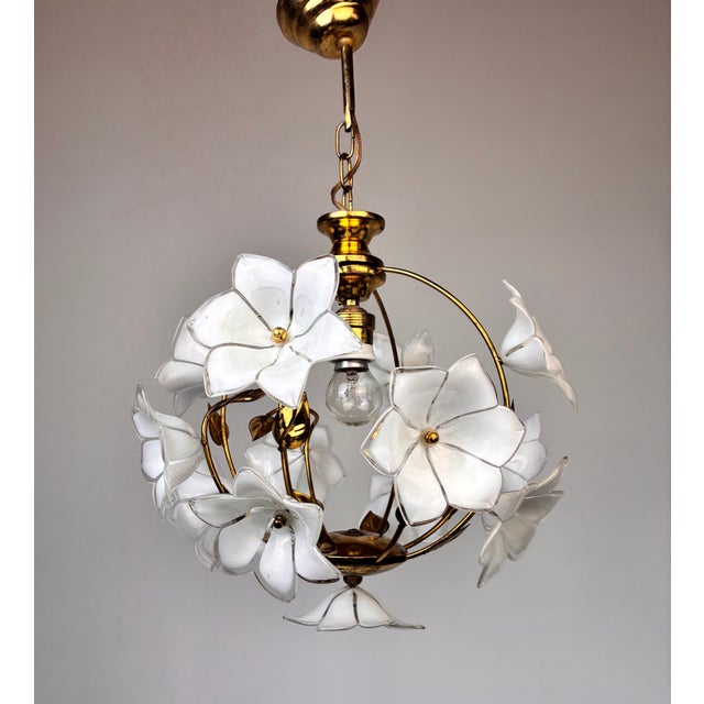 Vintage Murano Style White Floral Globe Chandelier - Brass Finish For Sale - Image 4 of 15
