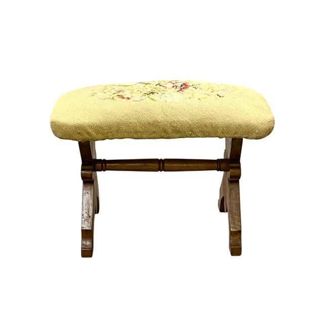 Vintage English Needlepoint Footstool With Carved Oak Base | Mid-Century Upholstered Stool For Sale - Image 15 of 18